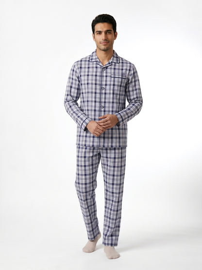 Long Sleeved Checkered Pajama Set – Blue