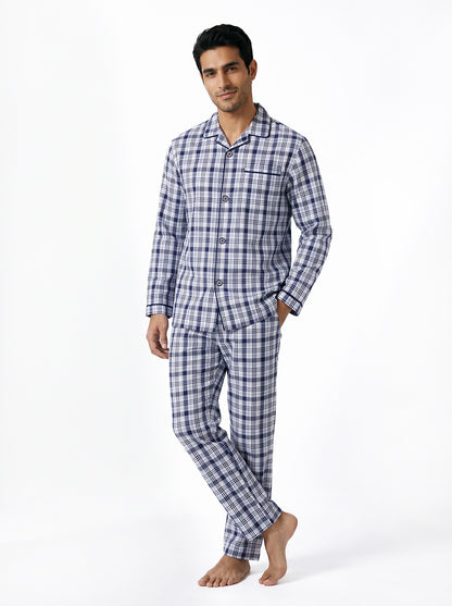 Long Sleeved Checkered Pajama Set – Blue