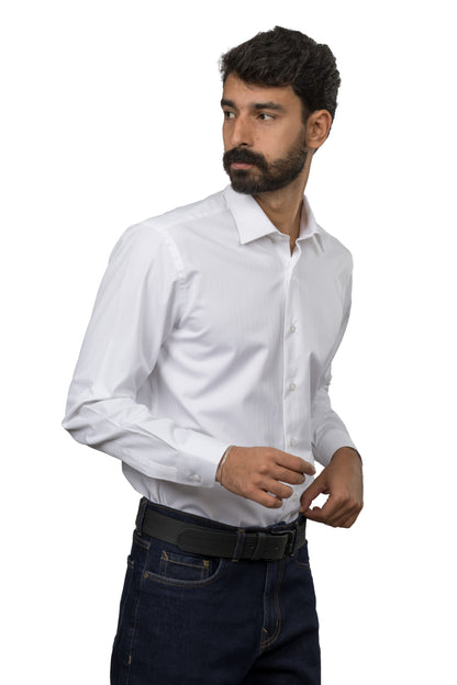 Long Sleeved Herringbone Shirt – White