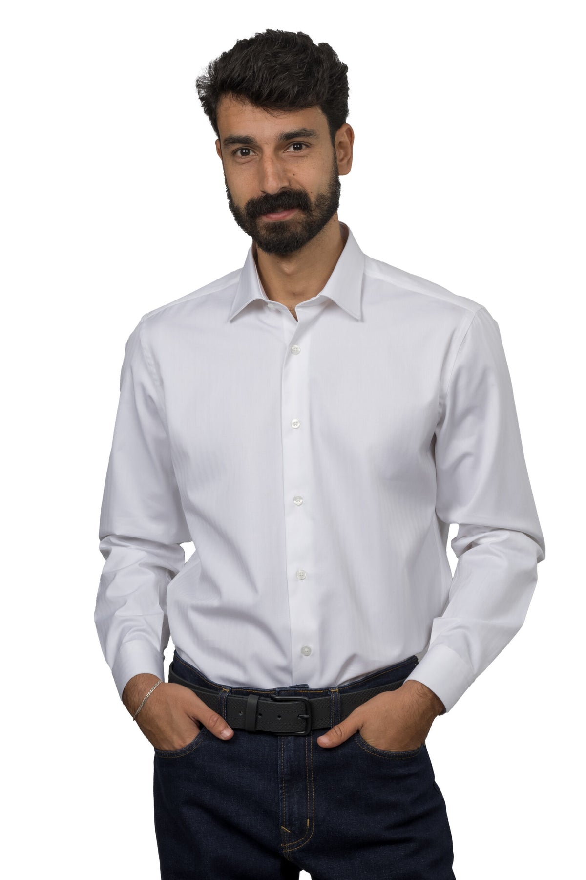 Long Sleeved Herringbone Shirt – White