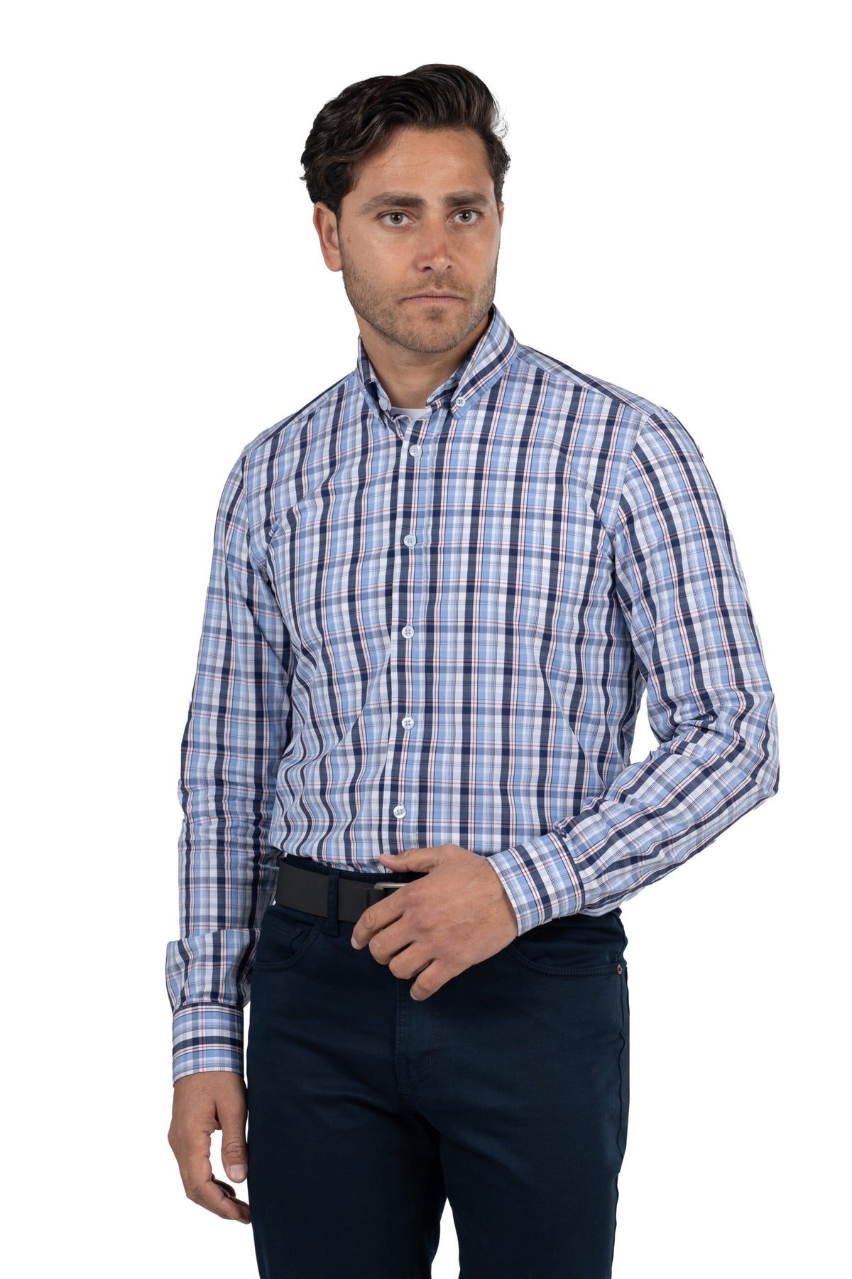 Men's Long-Sleeved Checkered Poplin Shirt – Blue