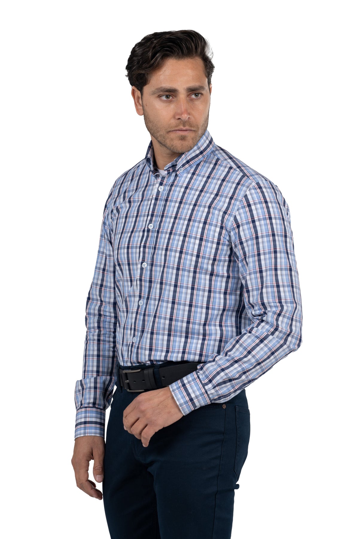 Men's Long-Sleeved Checkered Poplin Shirt – Blue