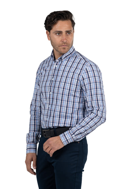 Men's Long-Sleeved Checkered Poplin Shirt – Blue