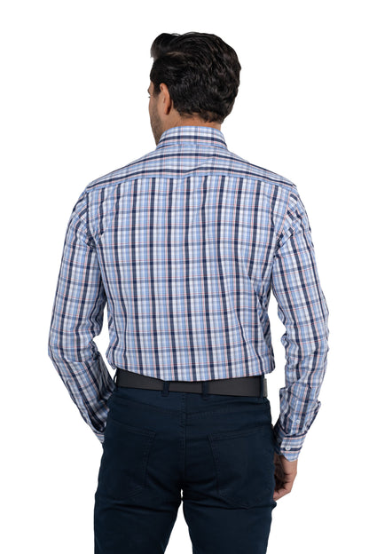 Men's Long-Sleeved Checkered Poplin Shirt – Blue