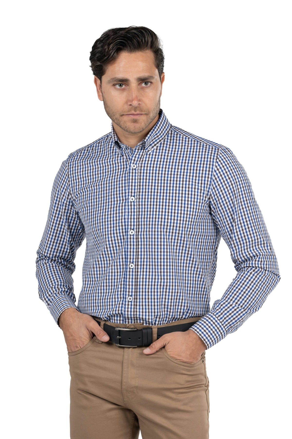 Men's Long-Sleeved Checkered Poplin Shirt – Navy