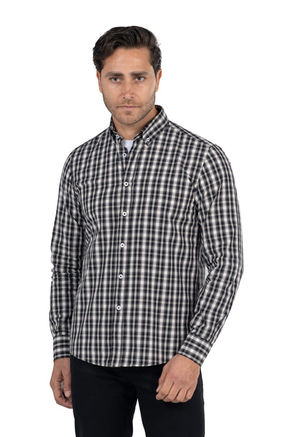 Men's Long-Sleeved Checkered Poplin Shirt – Grey