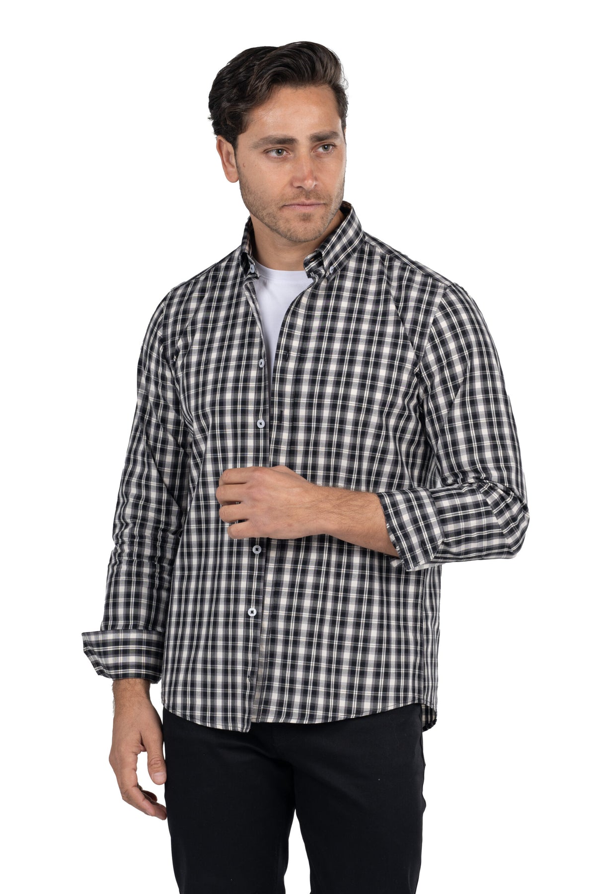 Men's Long-Sleeved Checkered Poplin Shirt – Grey