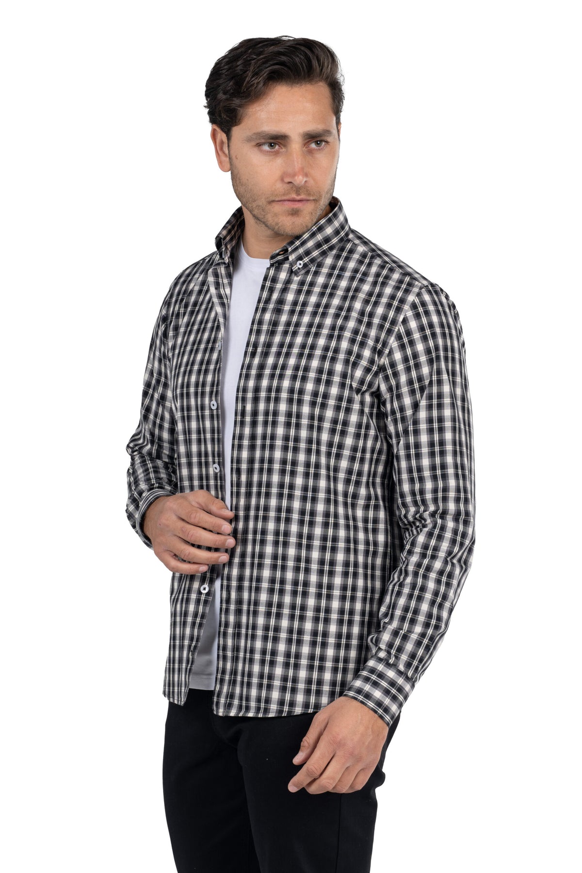 Men's Long-Sleeved Checkered Poplin Shirt – Grey