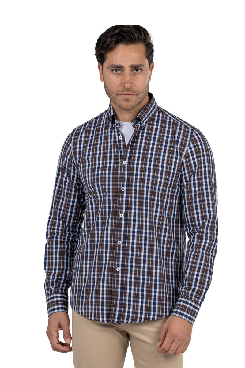 Men's Long-Sleeved Checkered Poplin Shirt – Brown