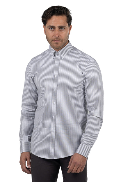 Men's Long-Sleeved Striped Oxford Shirt – Grey