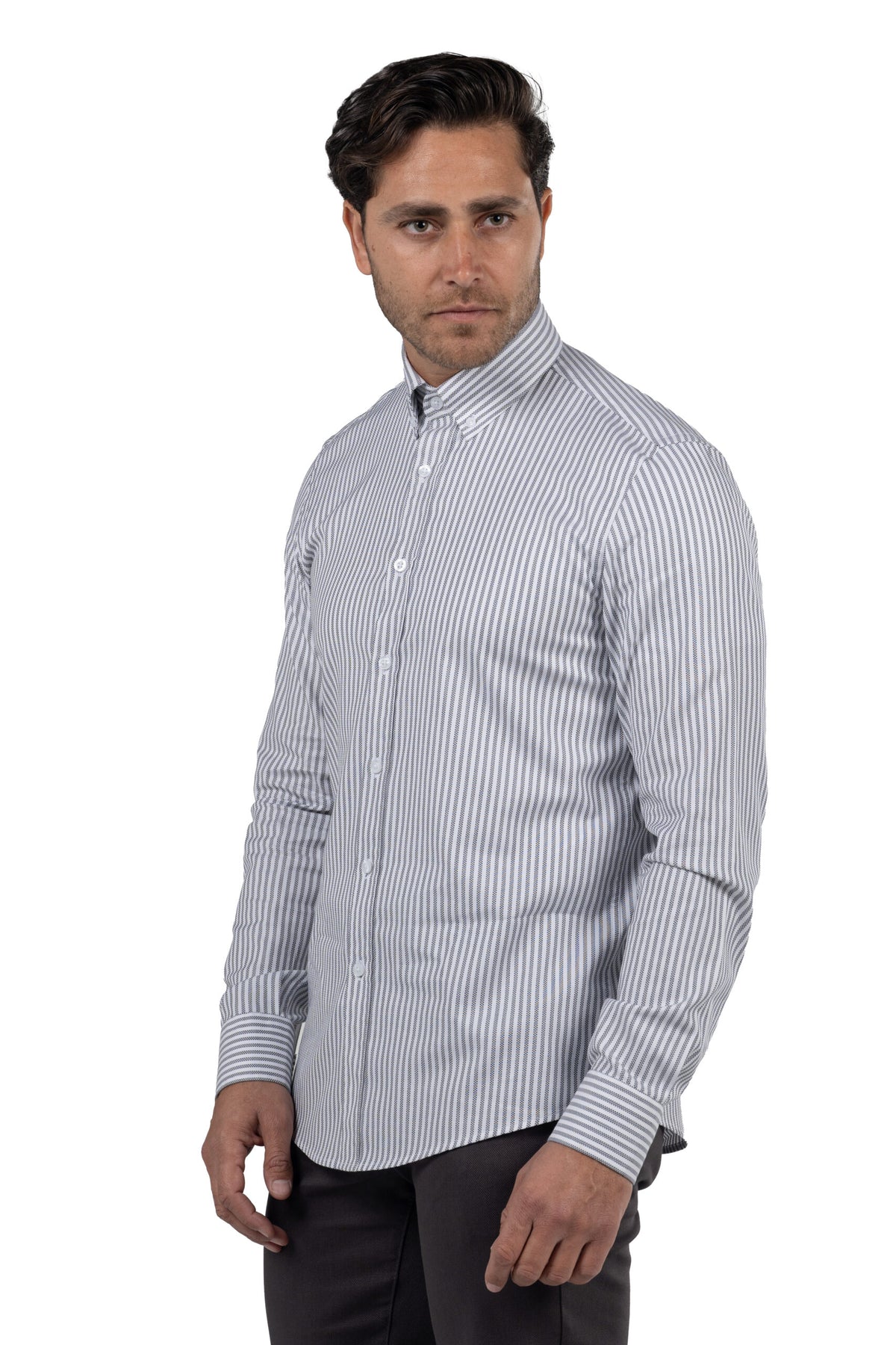Men's Long-Sleeved Striped Oxford Shirt – Grey