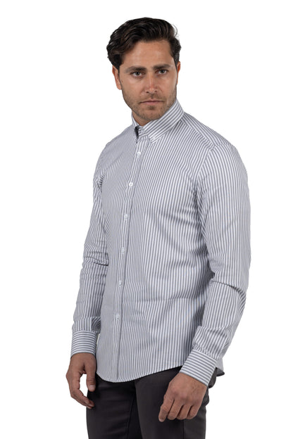 Men's Long-Sleeved Striped Oxford Shirt – Grey
