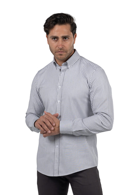 Men's Long-Sleeved Striped Oxford Shirt – Grey