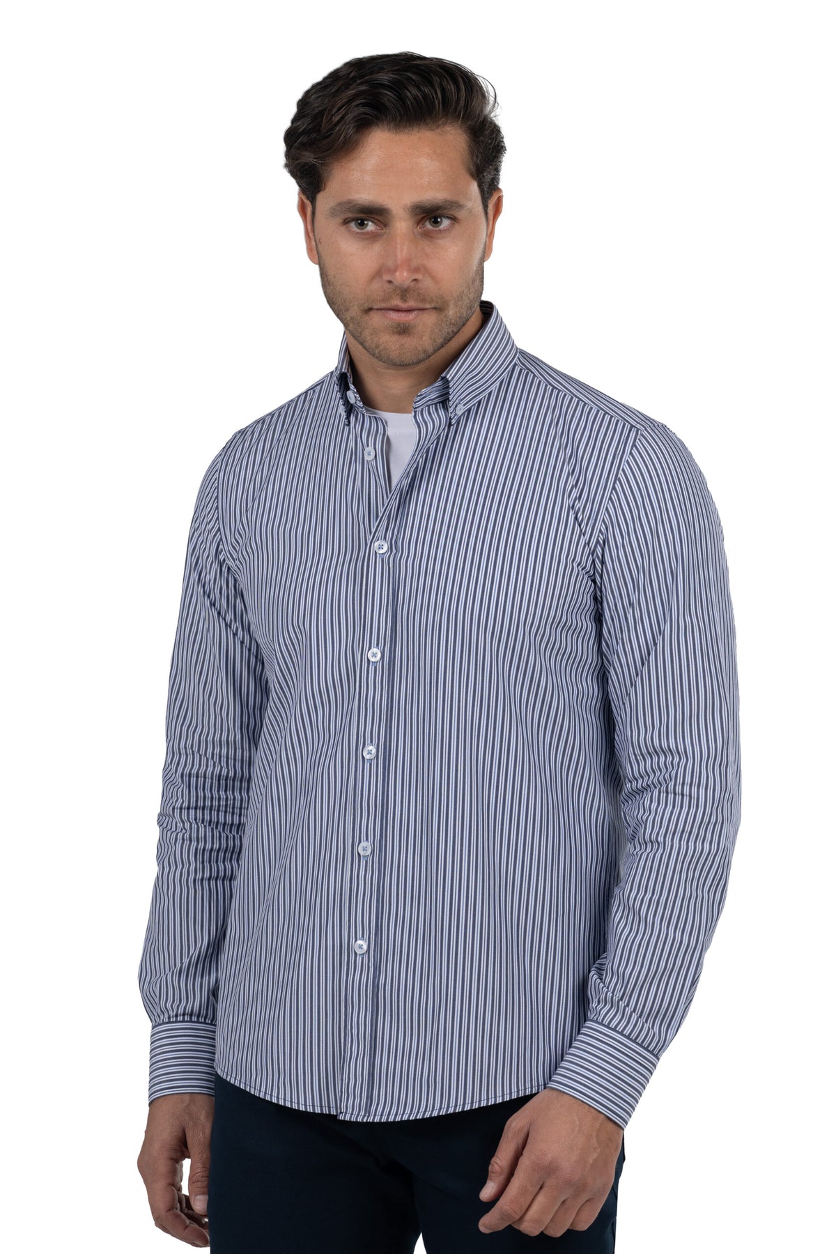 Men's Long-Sleeved Striped Poplin Shirt – Navy