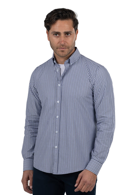 Men's Long-Sleeved Striped Poplin Shirt – Navy