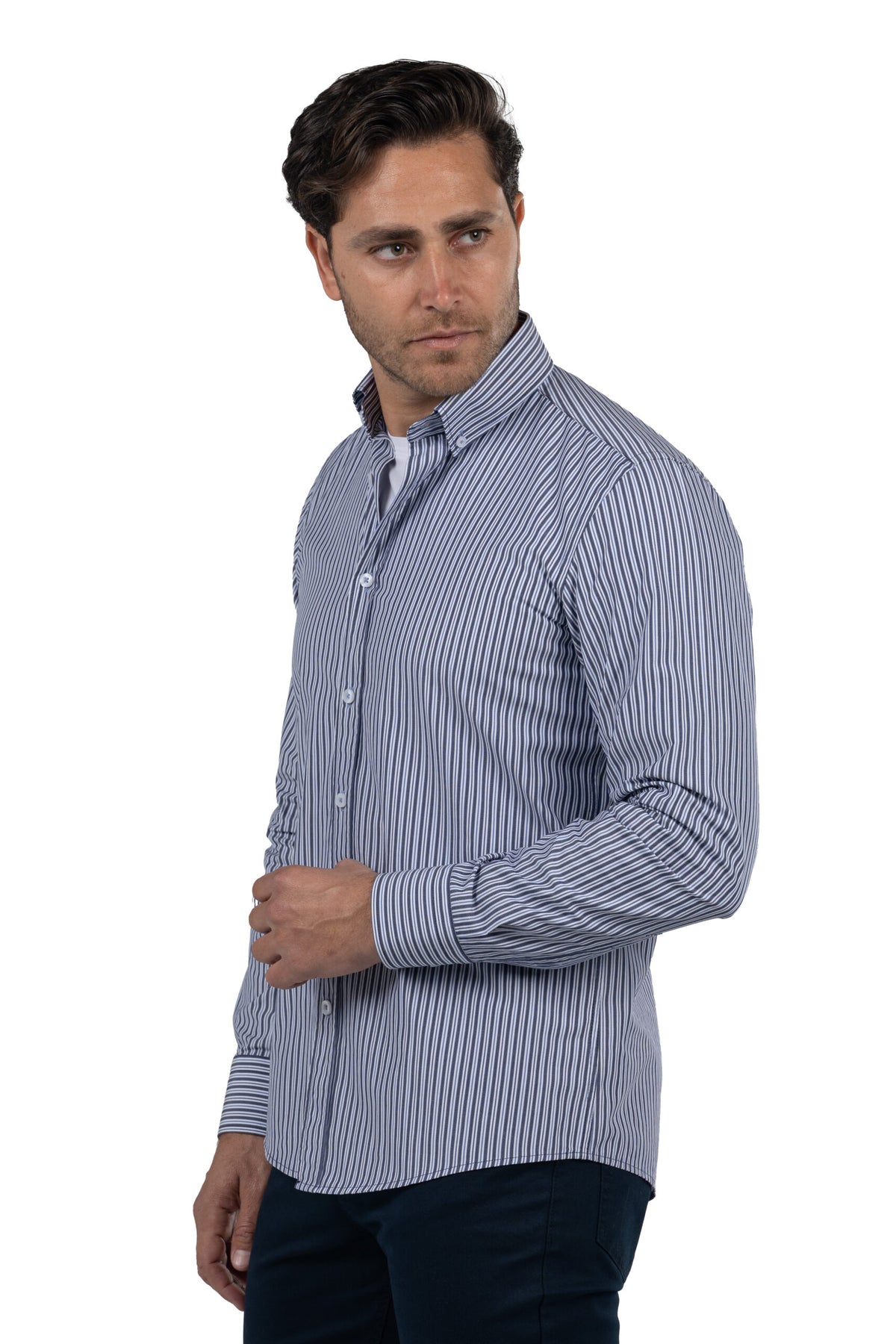 Men's Long-Sleeved Striped Poplin Shirt – Navy