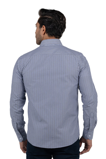 Men's Long-Sleeved Striped Poplin Shirt – Navy