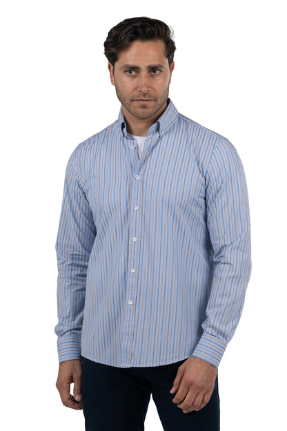 Men's Long-Sleeved Striped Poplin Shirt – Light Blue