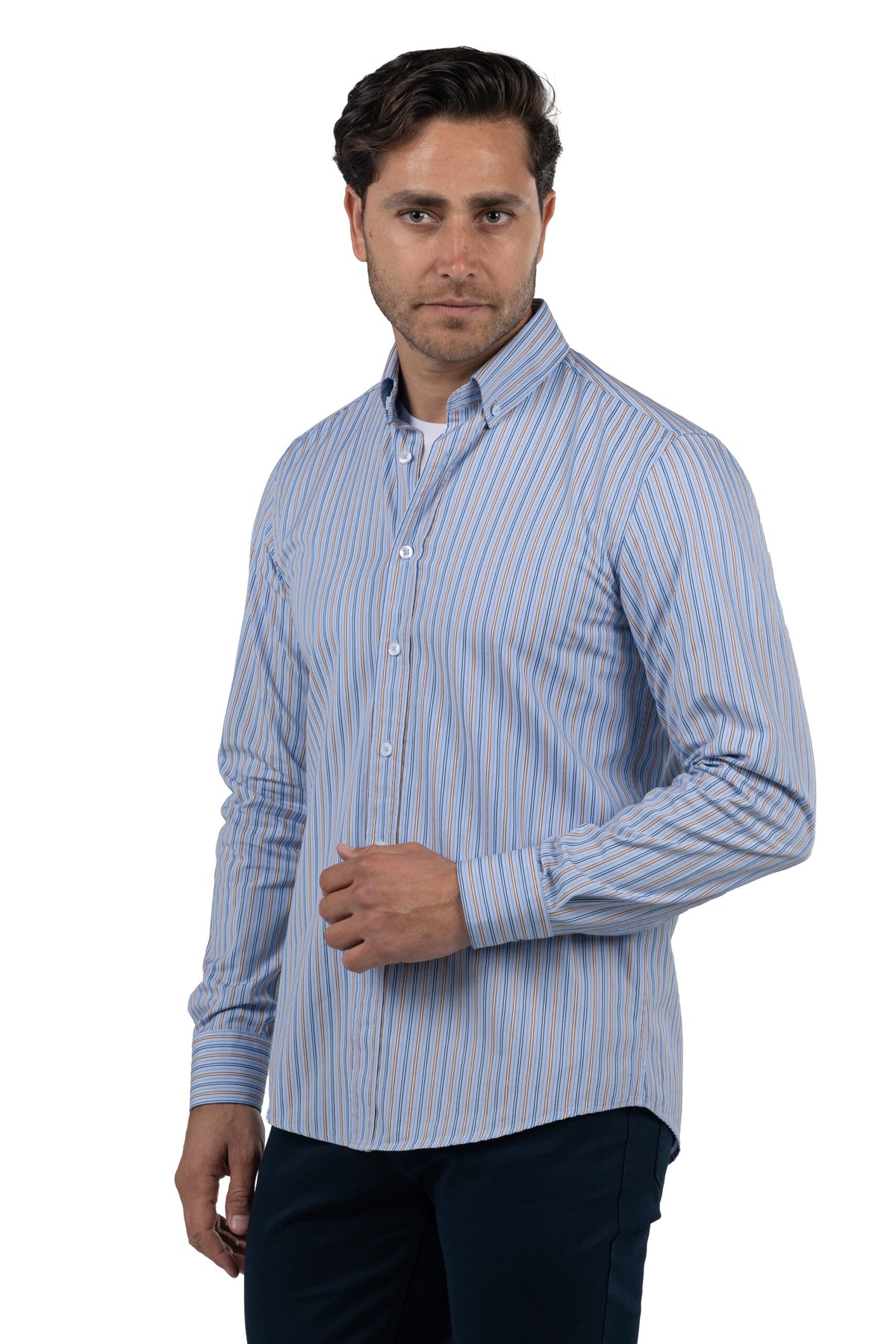 Men's Long-Sleeved Striped Poplin Shirt – Light Blue