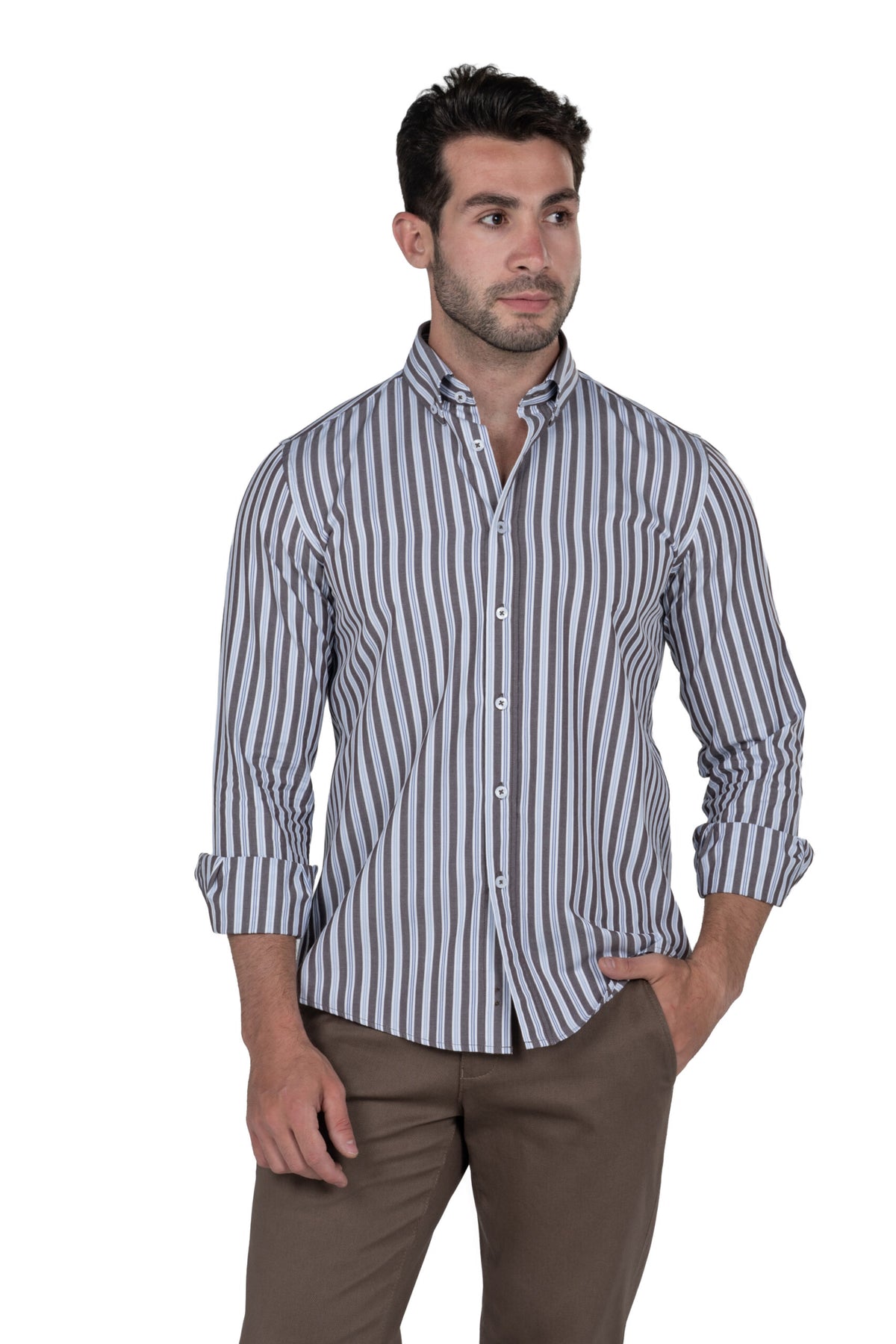 Men's Long-Sleeved Striped Poplin Shirt – Brown