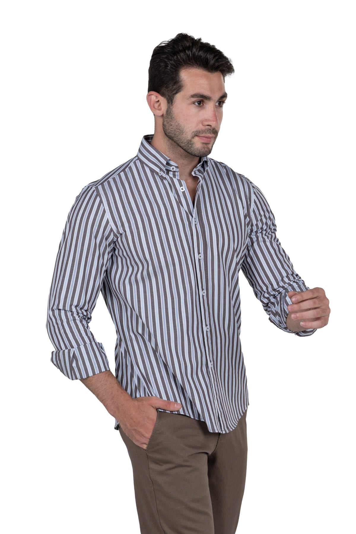 Men's Long-Sleeved Striped Poplin Shirt – Brown