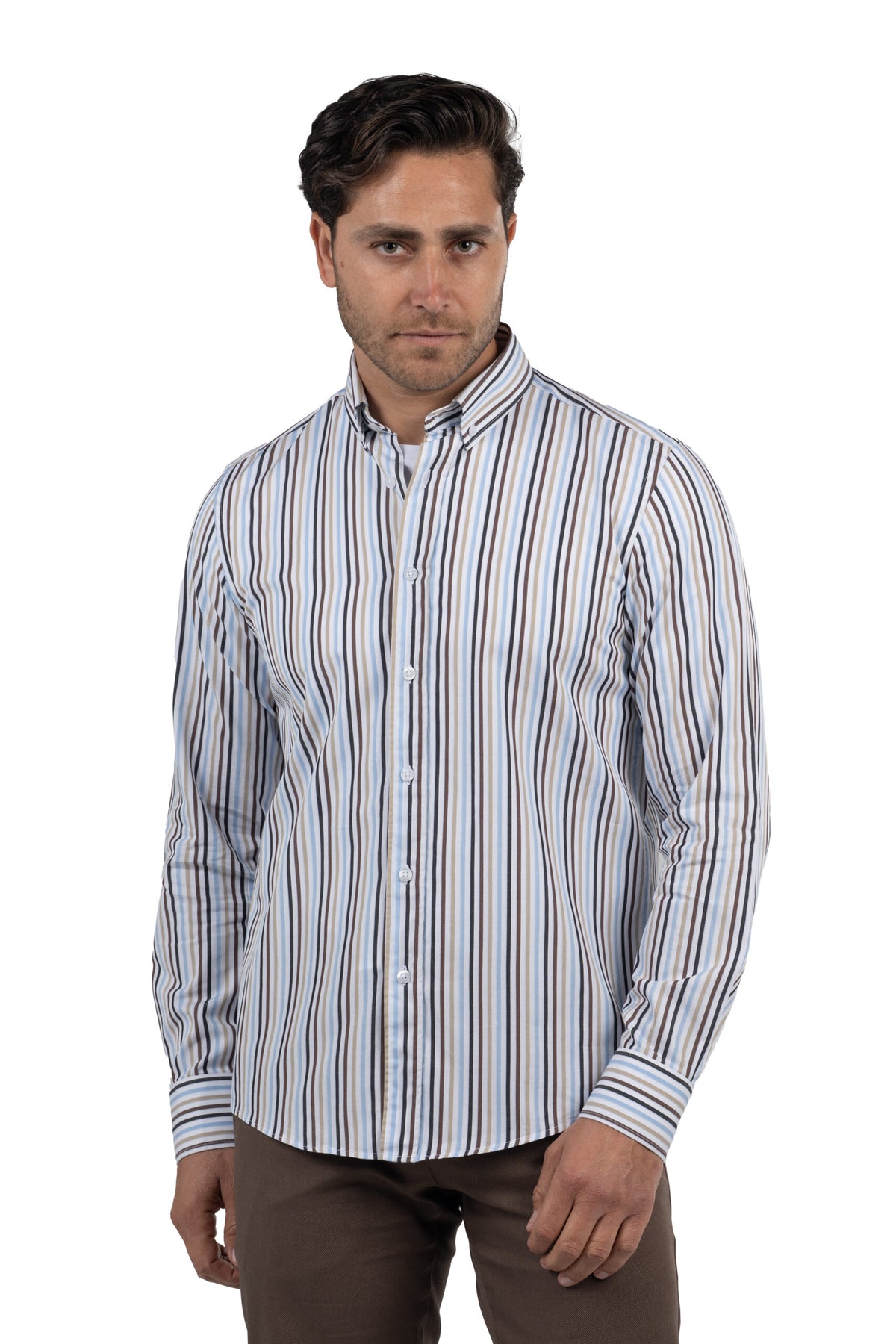 Men's Long-Sleeved Striped Poplin Shirt – Brown