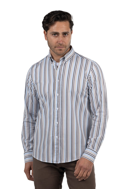 Men's Long-Sleeved Striped Poplin Shirt – Brown
