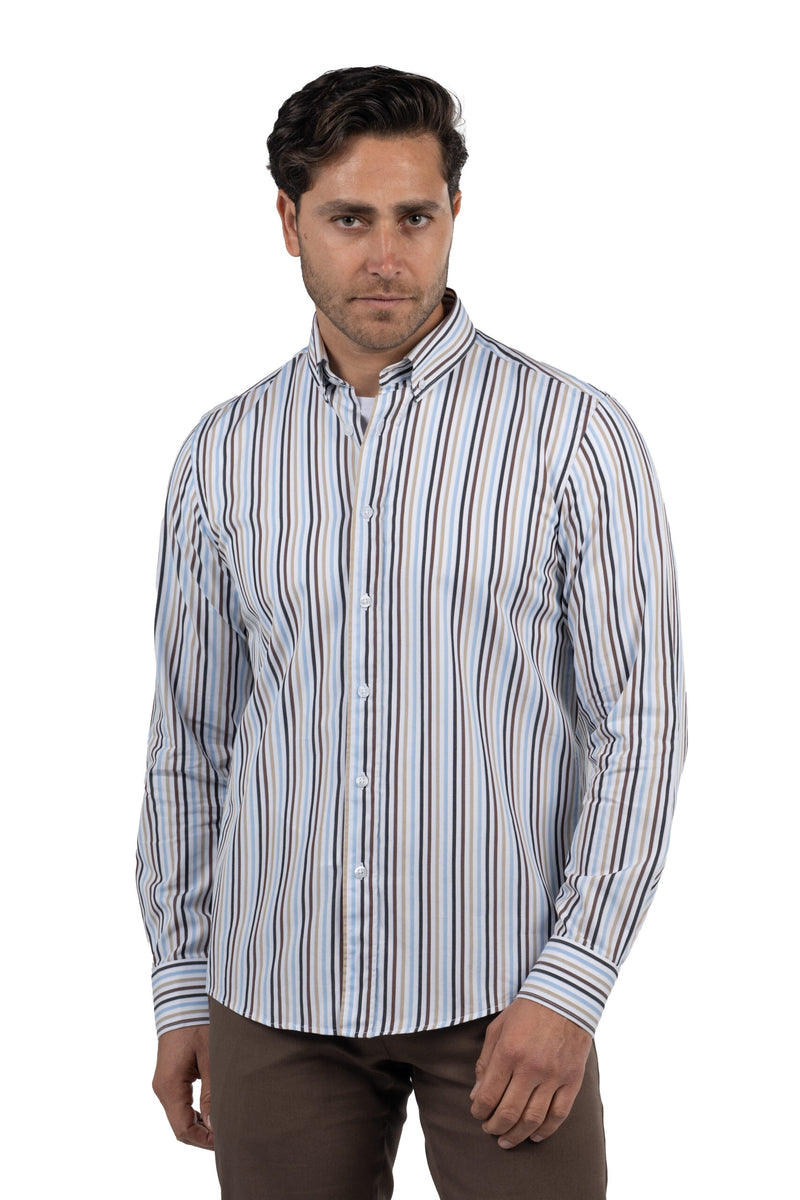 Men's Long-Sleeved Striped Poplin Shirt – Brown