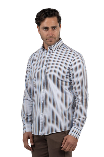 Men's Long-Sleeved Striped Poplin Shirt – Brown