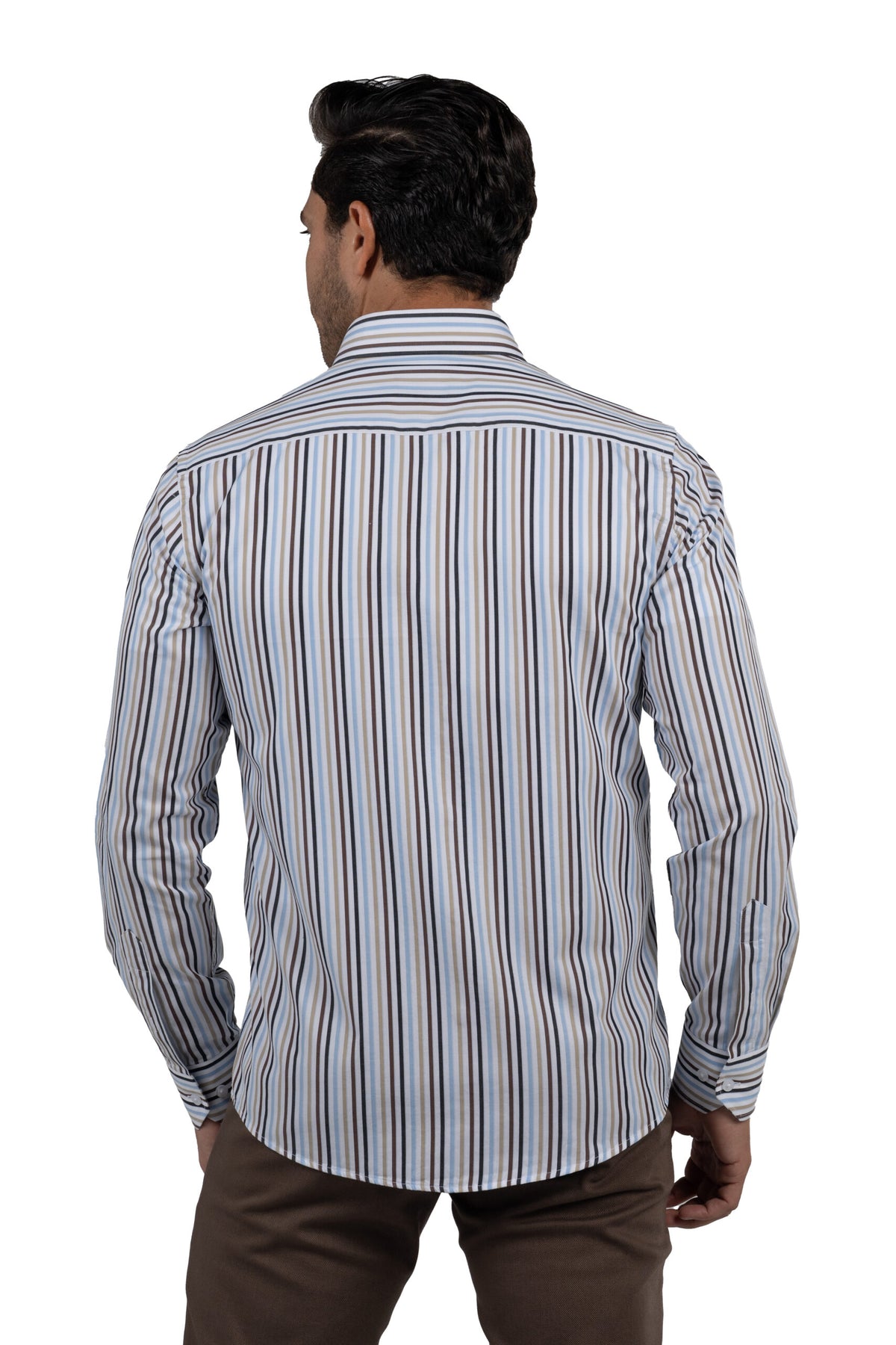Men's Long-Sleeved Striped Poplin Shirt – Brown
