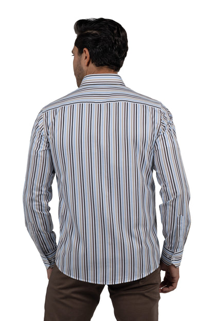 Men's Long-Sleeved Striped Poplin Shirt – Brown