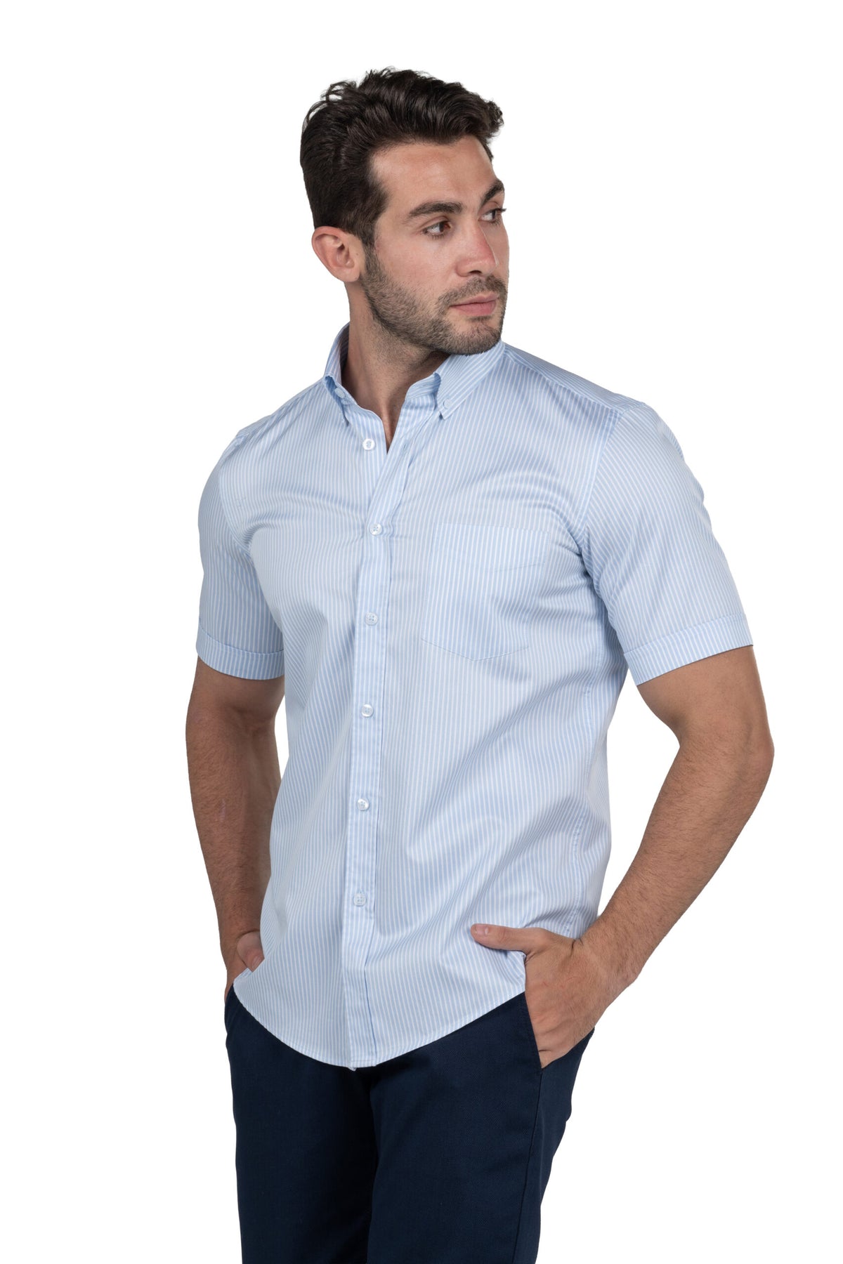 Men's Short Sleeved Striped Shirt – Light Blue