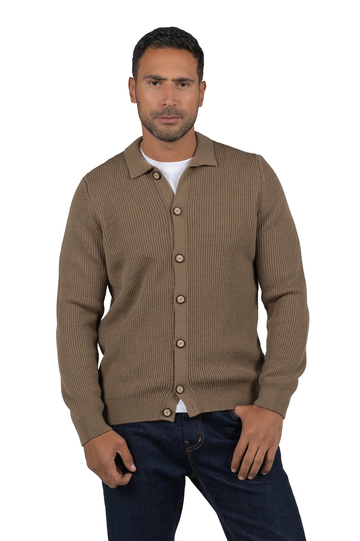 Men's Solid Buttoned Knit Pullover – Light Brown