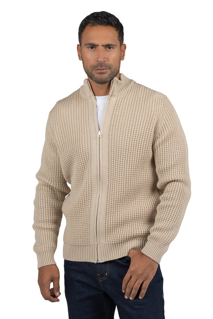 Men's Solid Full-Zip Knit Pullover – Beige