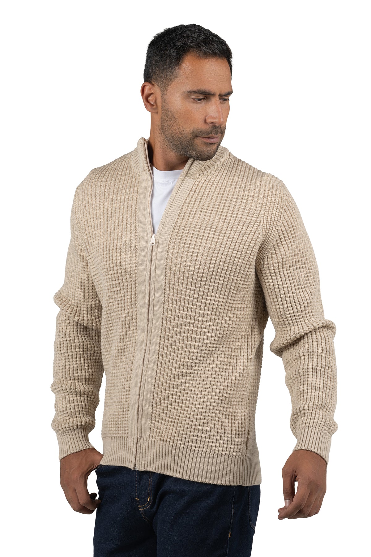 Men's Solid Full-Zip Knit Pullover – Beige