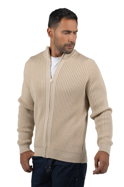 Men's Solid Full-Zip Knit Pullover – Beige