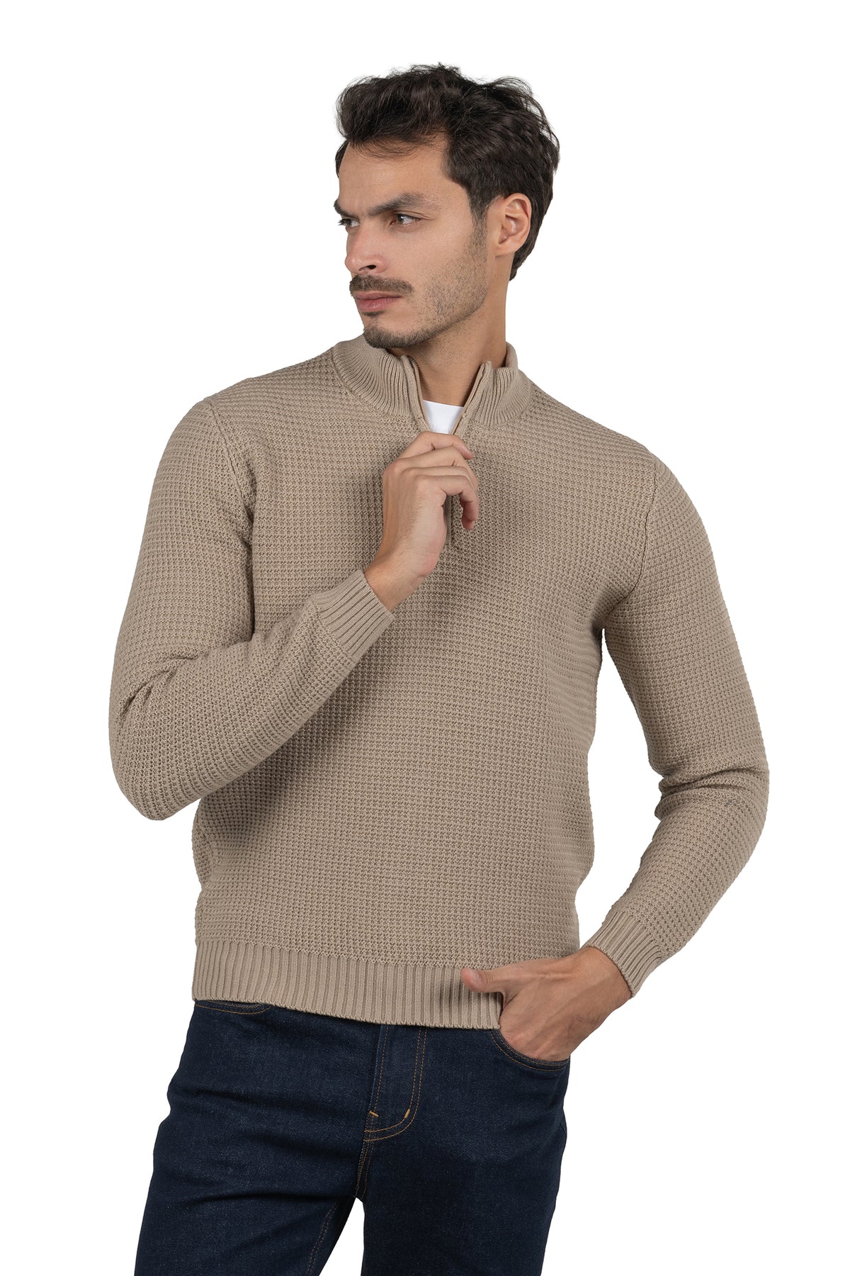 Men's Solid Half-Zip Knit Pullover – Beige