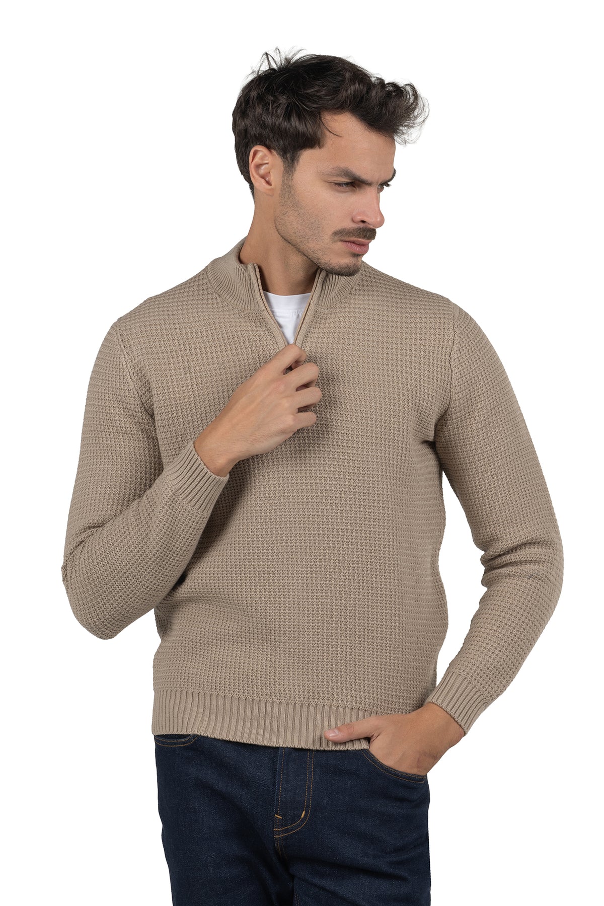 Men's Solid Half-Zip Knit Pullover – Beige