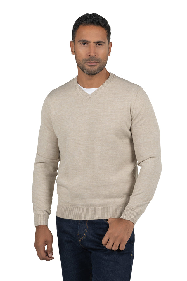 Men's Solid Knit Wool Pullover – Beige