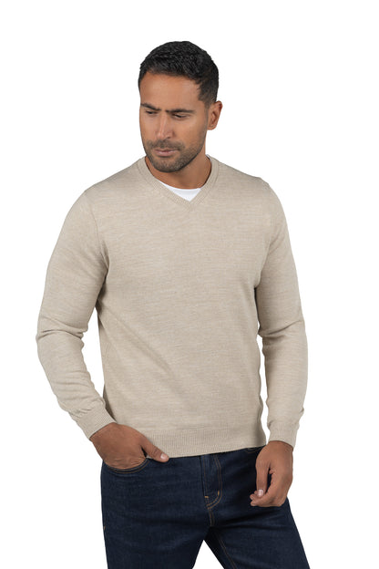 Men's Solid Knit Wool Pullover – Beige