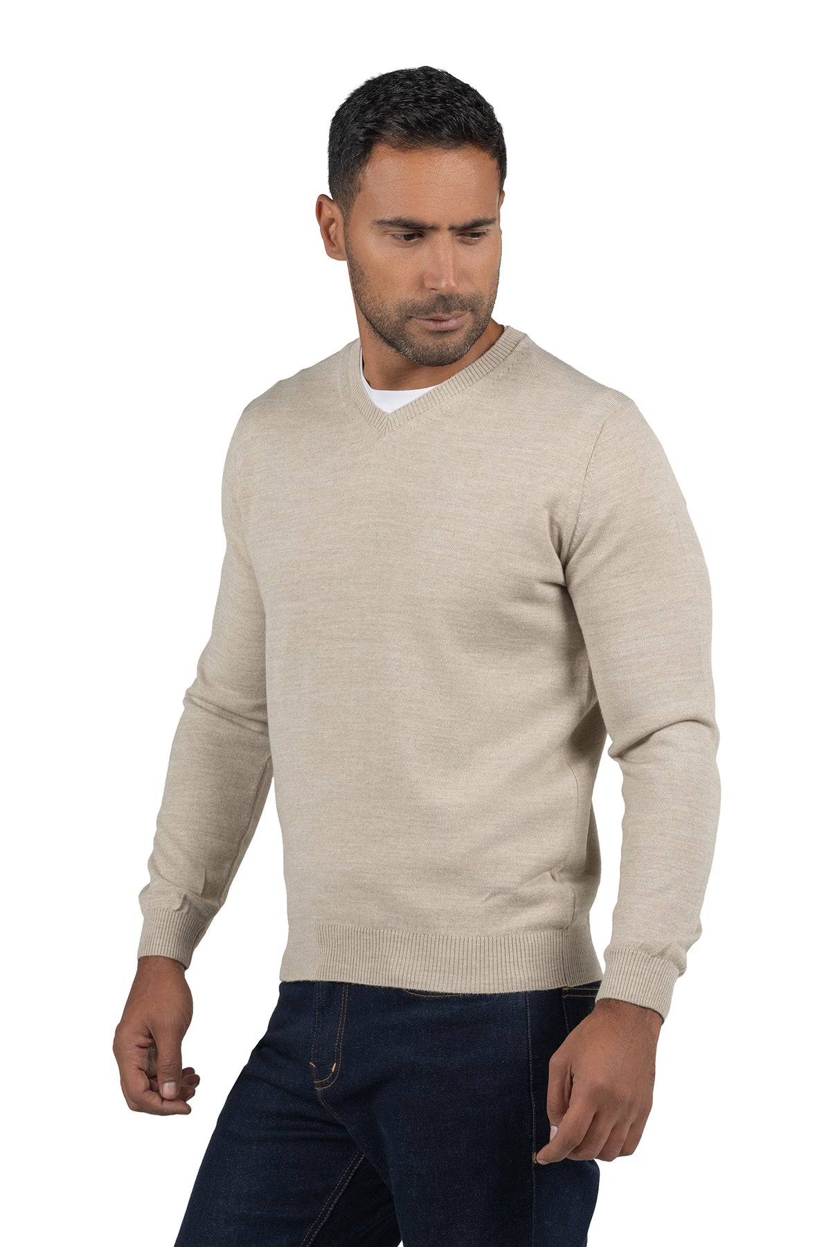 Men's Solid Knit Wool Pullover – Beige