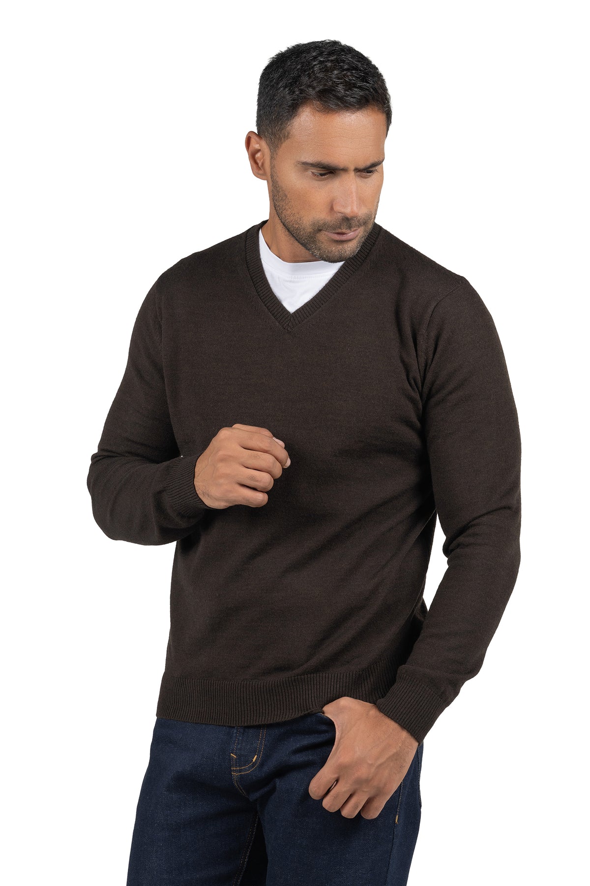 Men's Solid Knit Wool Pullover – Brown