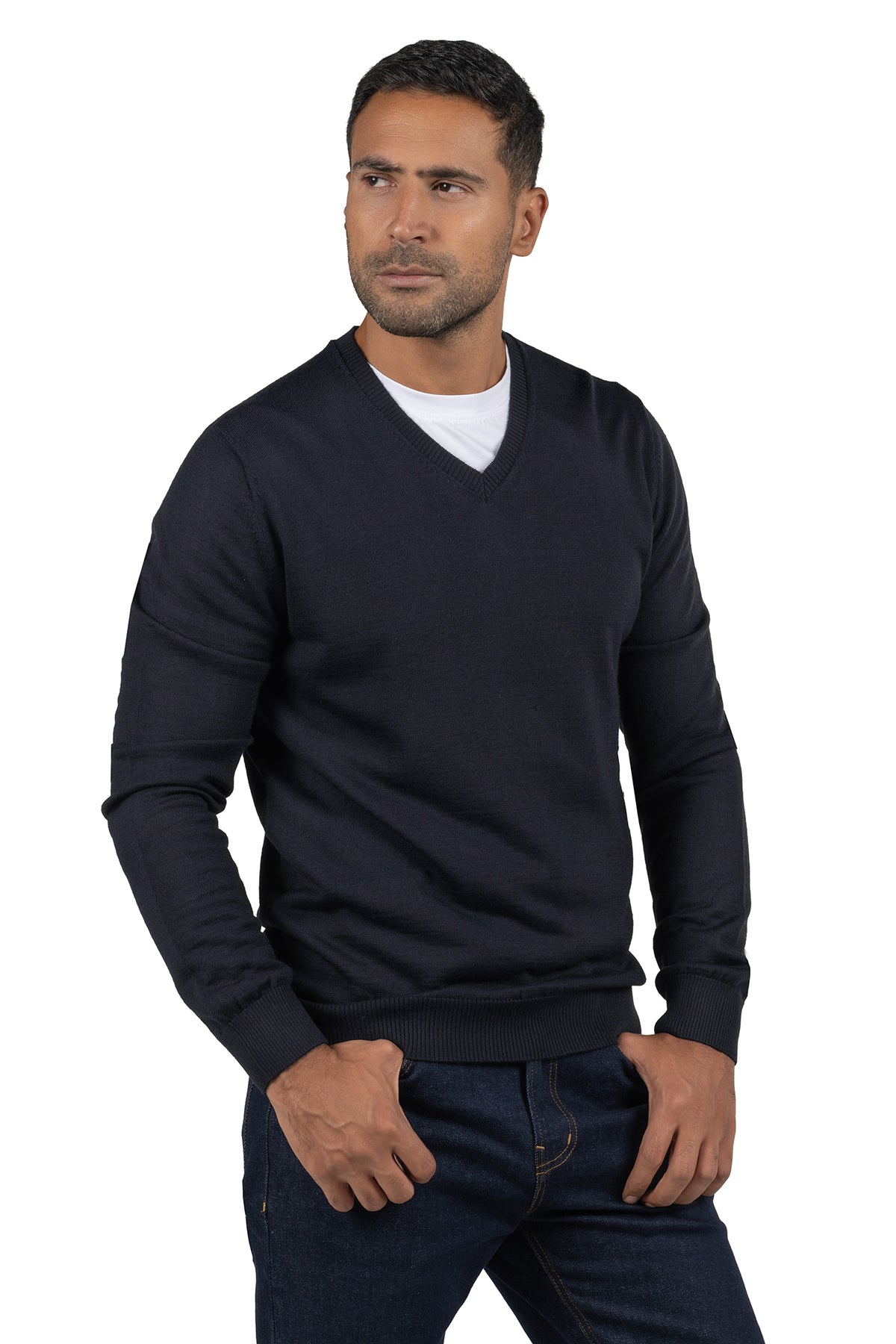 Men's Solid Knit Wool Pullover – Dark Navy