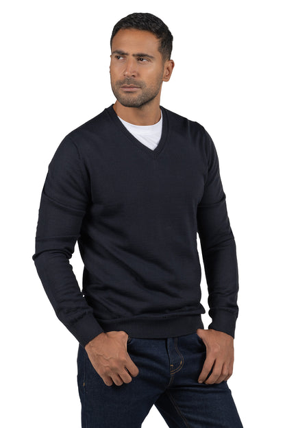 Men's Solid Knit Wool Pullover – Dark Navy