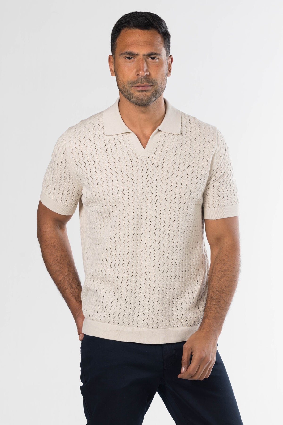 Open Collar Knit Polo – Beige