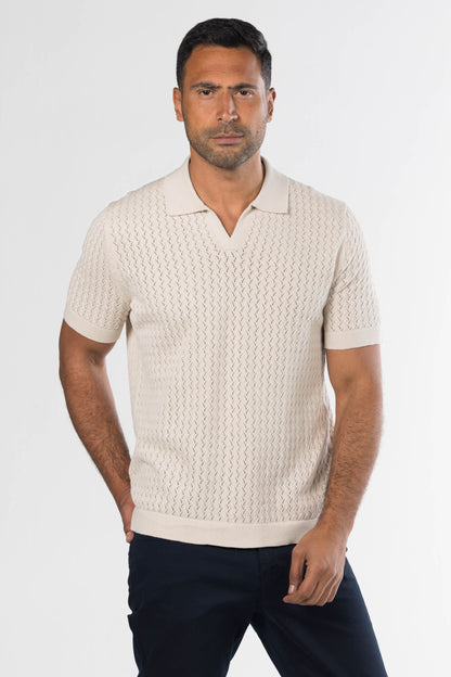 Open Collar Knit Polo – Beige