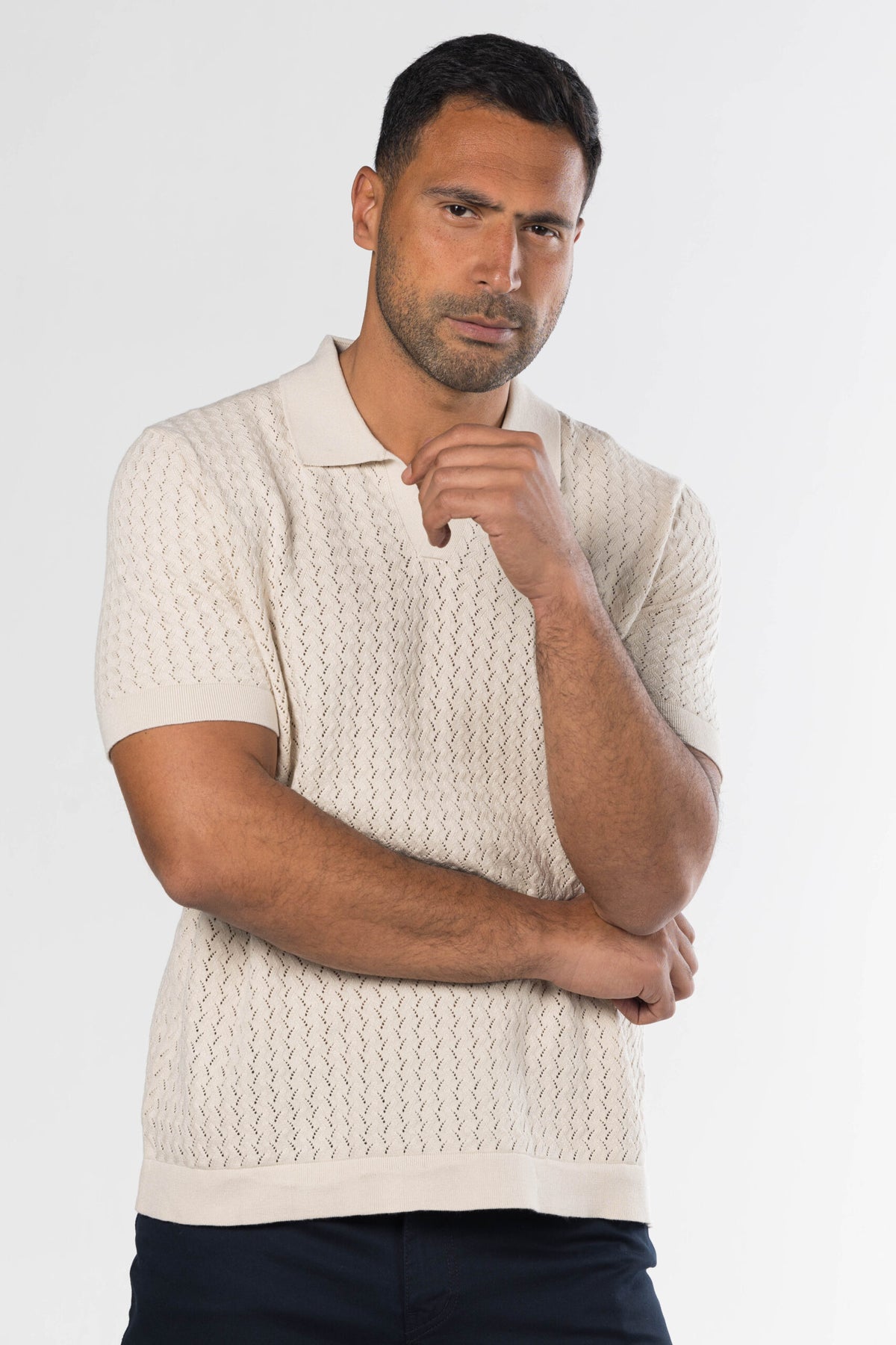 Open Collar Knit Polo – Beige