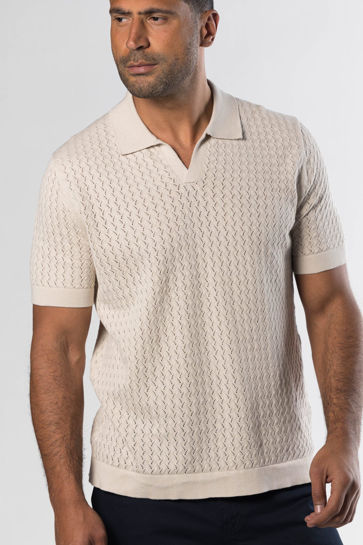 Open Collar Knit Polo – Beige