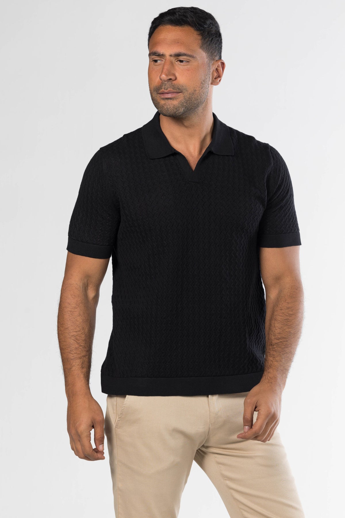 Open Collar Knit Polo – Black