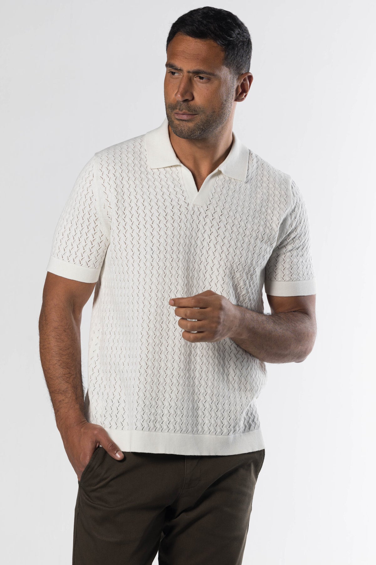 Open Collar Knit Polo – Offwhite